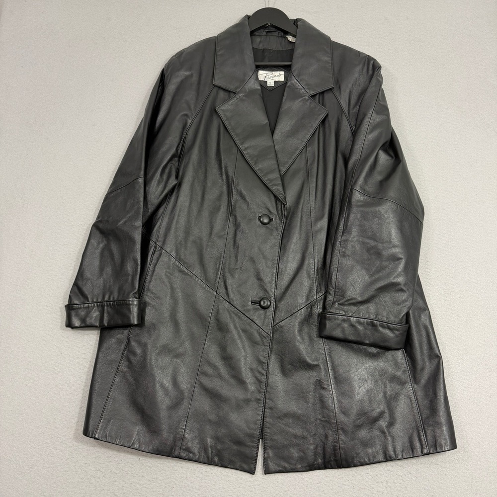 Ricardo Leather Jacket Women 1X Black Trench Coat Long Sleeve Button Up Genuine